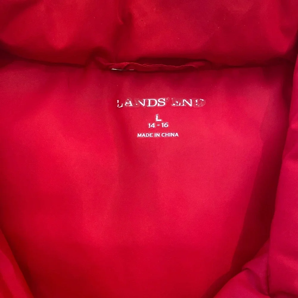 Lands End Red Puffer Vest Womens Large 14-16 Chevron Quilted Full Zip Sleeveless